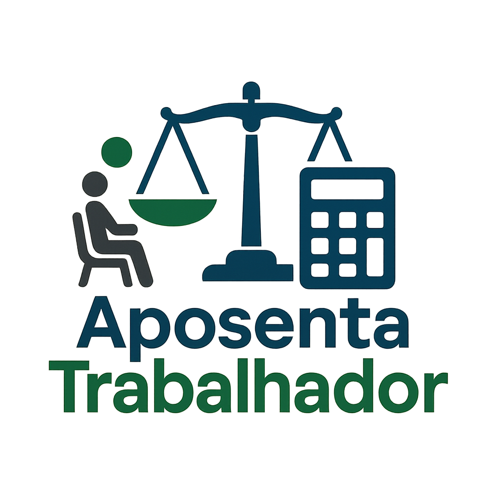 "Logo do site AposentaTrabalhador, apresentando ícones de balança de justiça e calculadora, com cores azul, verde e cinza, transmitindo confiança e modernidade. O design é profissional e acessível, refletindo expertise em direito trabalhista e previdenciário