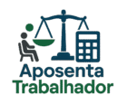 "Logo do site AposentaTrabalhador, apresentando ícones de balança de justiça e calculadora, com cores azul, verde e cinza, transmitindo confiança e modernidade. O design é profissional e acessível, refletindo expertise em direito trabalhista e previdenciário