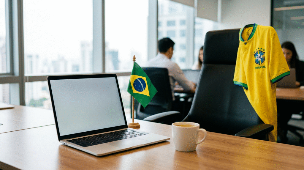 Mesa de escritório moderna com notebook, xícara de café, uma pequena bandeira do Brasil e uma camisa da seleção brasileira apoiada na cadeira, ilustrando o ambiente de trabalho durante a Copa do Mundo.
